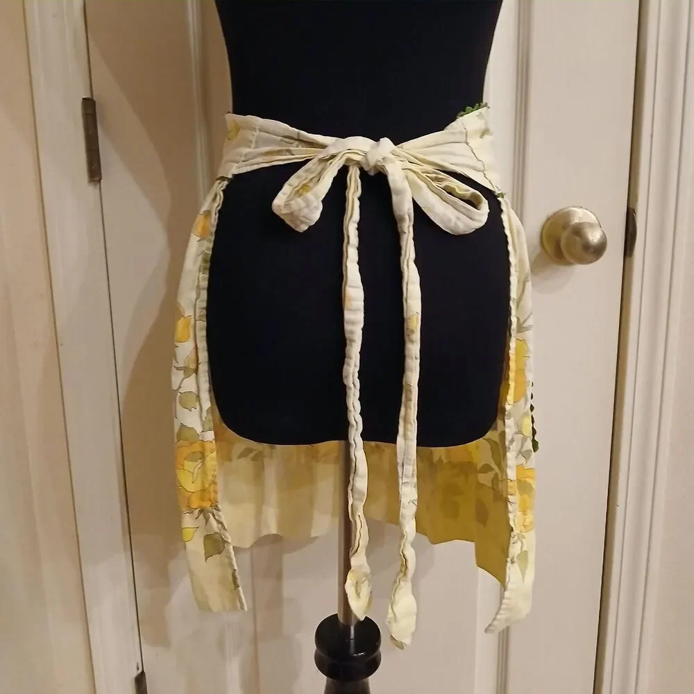 Retro 1970s Yellow and Green Floral Apron with Butterflies and One Pocket Stains